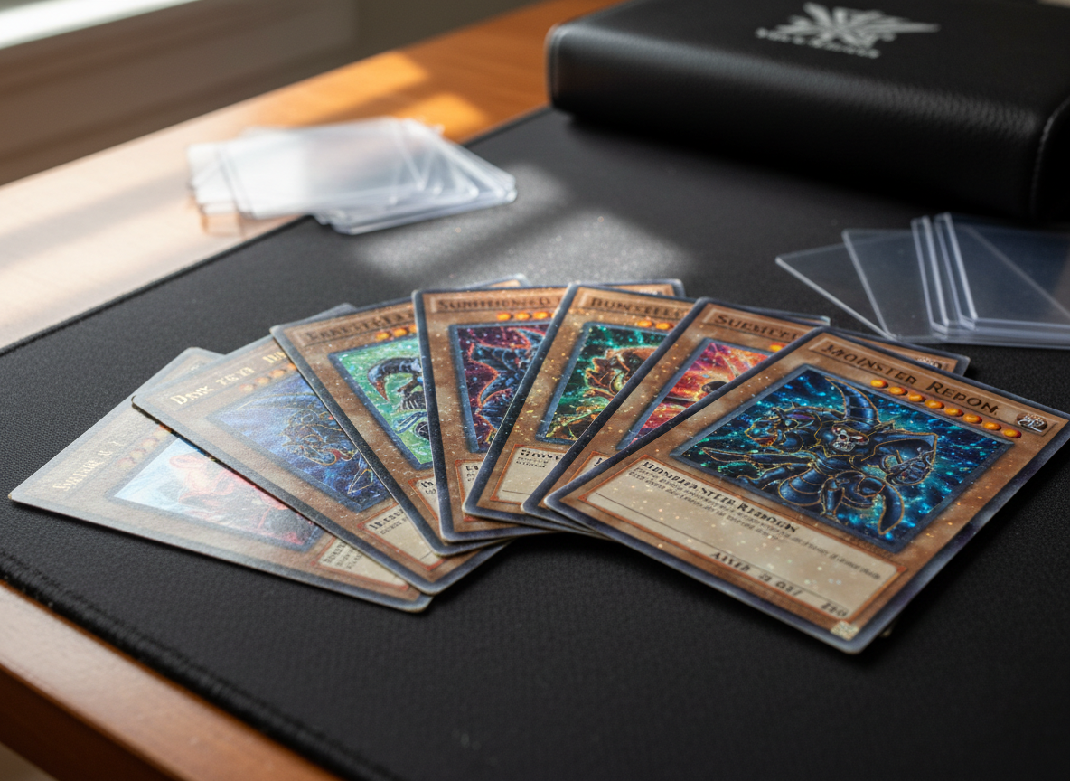 A tight cluster of vintage Yu-Gi-Oh! cards fanned out on a dark, matte playmat, each card showing subtle edge wear, glossy foiling, and distinct rarity patterns on the name and artwork. Early-era monsters and spells with rich, saturated colors fill the frame, their tiny holofoil sparkles catching the light. The cards rest on a clean wooden desk scattered with empty protective sleeves and a closed card binder in the blurred background. Soft, diffused daylight from a nearby window washes across the scene, creating gentle reflections on the card surfaces. Photographic realism, shot from a slightly elevated angle with shallow depth of field, creating a focused, collector’s-desk atmosphere that feels organized, nostalgic, and quietly obsessive about retro details.