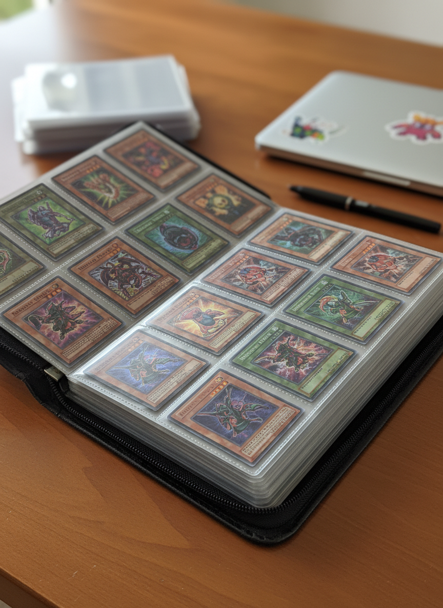 An assortment of retro Yu-Gi-Oh! cards neatly organized inside a zippered black trade binder, its textured cover partially open on a smooth wooden table. The clear nine-pocket pages hold classic holofoil monsters and early tournament staples, each in snug inner sleeves, their names glinting under the light. In the softly blurred background, a stack of empty binder pages and a pen rest next to a closed laptop, suggesting active collection tracking. Warm, indirect afternoon light from off-frame creates soft, natural reflections on the plastic pockets and holo patterns. Shot from a three-quarters overhead angle with moderate depth of field, the photographic realism and warm tones create a meticulous yet cozy collector’s workspace atmosphere.
