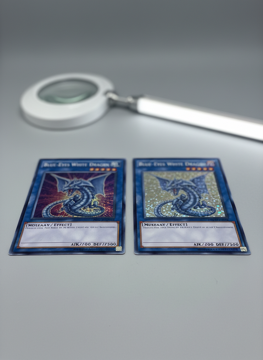 A close-up, photographic view of two Yu-Gi-Oh! cards side by side on a neutral grey tabletop: one authentic vintage holo and one counterfeit. The real card shows crisp printing, clear text, deep black borders, and fine rainbow holofoil, while the fake displays fuzzy text, slightly washed colors, and uneven foil patterning. A bright white magnifying loupe and a slim LED light bar lie out of focus in the background, hinting at a careful inspection setup. Cool, even studio lighting reveals every tiny texture on the cardstock and foiling without harsh shadows. Composed at eye level with a shallow depth of field, the mood is analytical and forensic, emphasizing the subtle but crucial differences for spotting fakes.