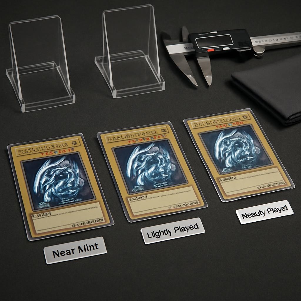 A carefully arranged grading comparison setup featuring three copies of the same iconic retro Yu-Gi-Oh! card laid in a row on a charcoal felt surface, each card showing different levels of wear: near-mint, lightly played, and heavily played. Subtle whitening on edges, surface scratches, and minor creases are clearly visible. Beside them, transparent acrylic card stands hold graded slabs with clean labels and sharp corners. A slim, digital caliper and microfiber cloth rest nearby. Neutral, balanced studio lighting from above and slightly to the side highlights imperfections without glare. Captured from a slightly elevated angle with sharp focus across the entire scene, the mood is methodical and educational, emphasizing condition assessment and card value awareness in photographic realism.